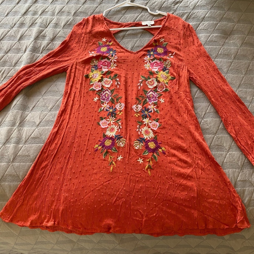 Umgee Embroidered Orange Dress Long Sleeve V Neck Cutout Back Boho Chic Size L - Picture 9 of 9